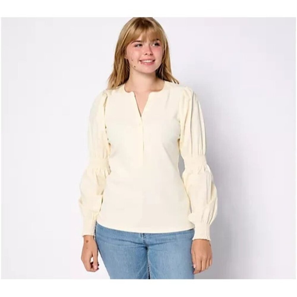 Studio Park x Shawn Mixed Media Puff Sleeve Henley Top Cream Small A624129